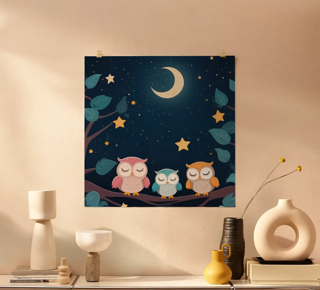 Simpatici gufi che dormono su un ramo sotto un cielo stellato notturno poster con telaio in alluminio da DesignDoodle