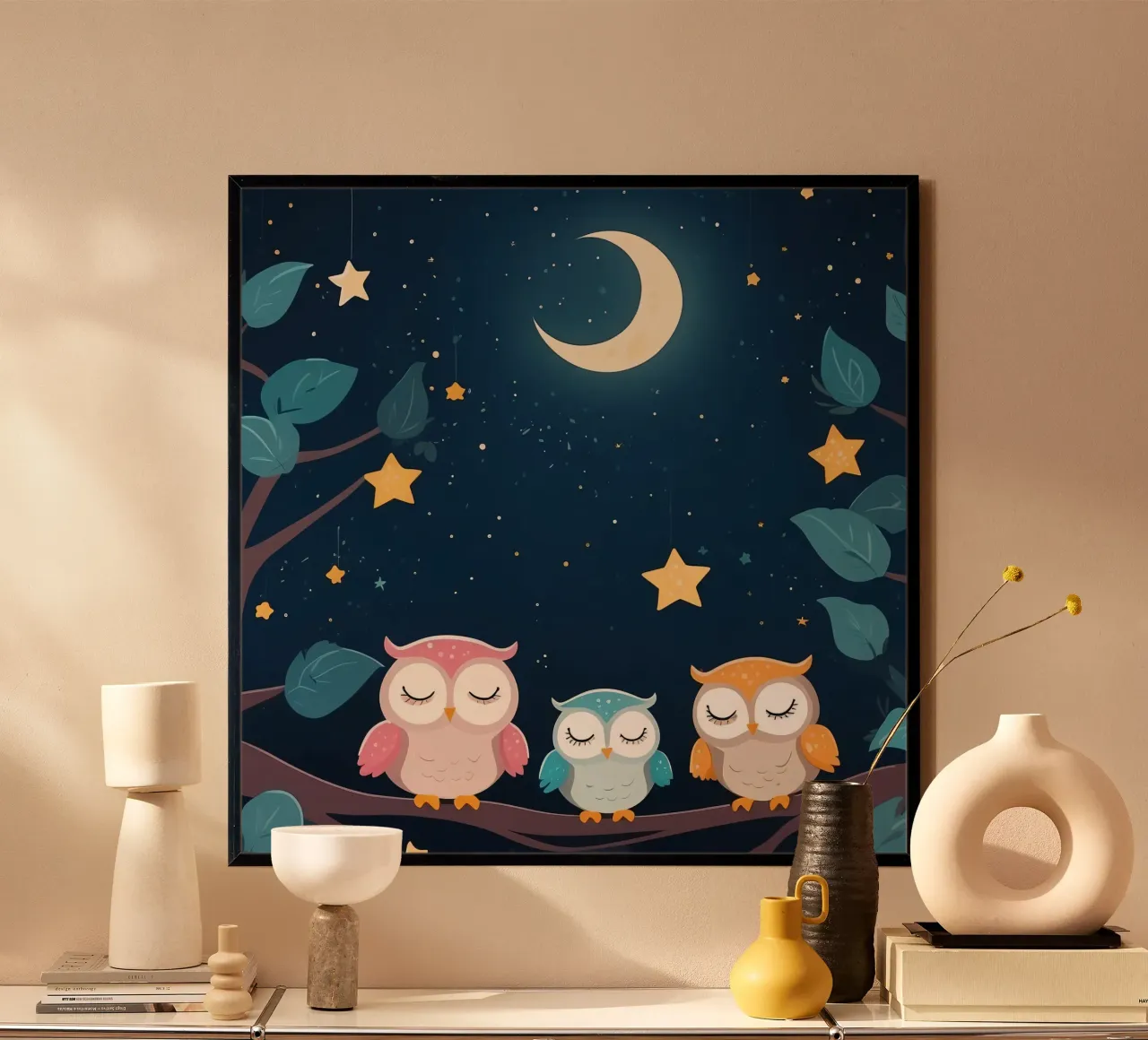 Simpatici gufi che dormono su un ramo sotto un cielo stellato notturno poster con telaio in alluminio da DesignDoodle