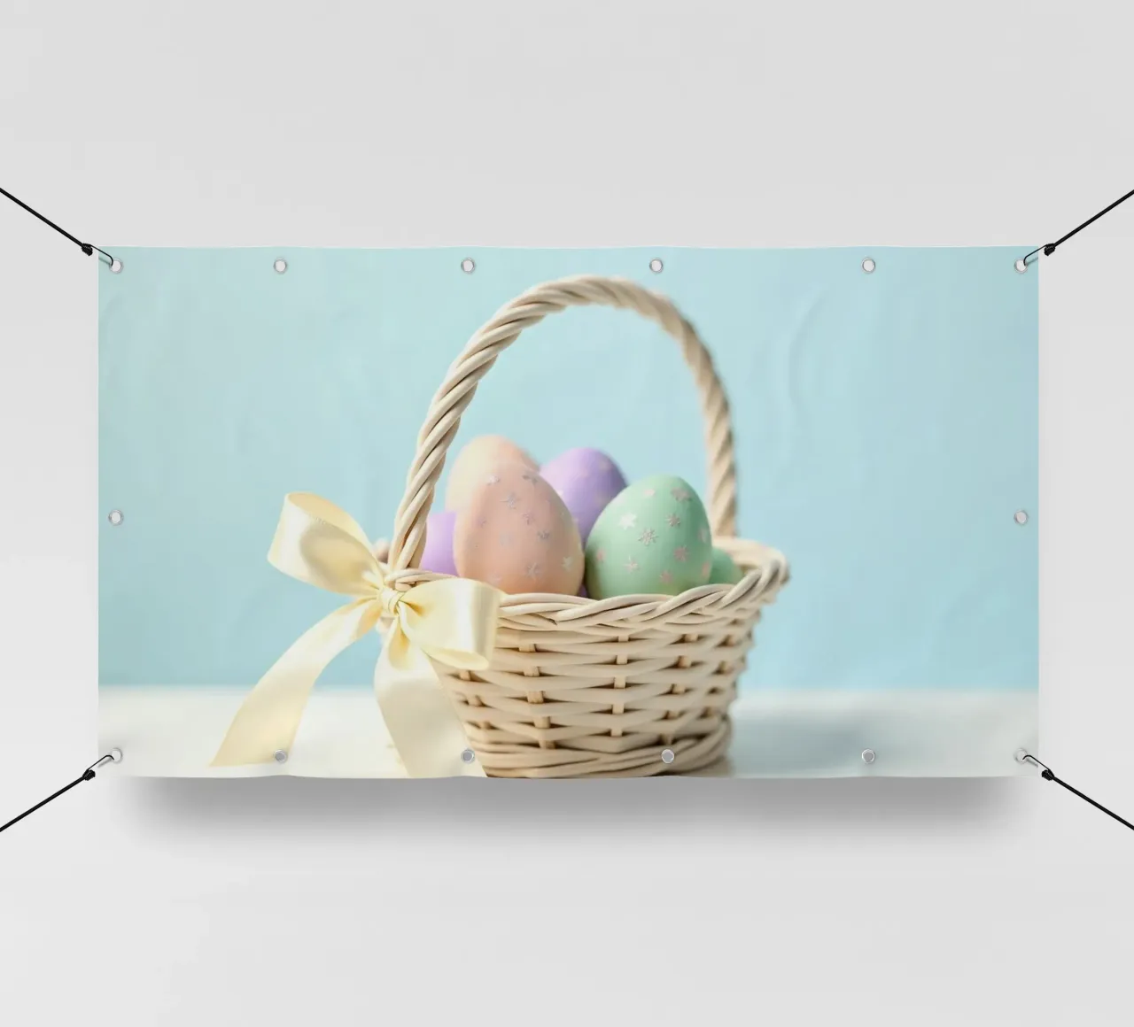 Uova colorate e decorate in un cestino con nastro telo in pvc da DesignDoodle
