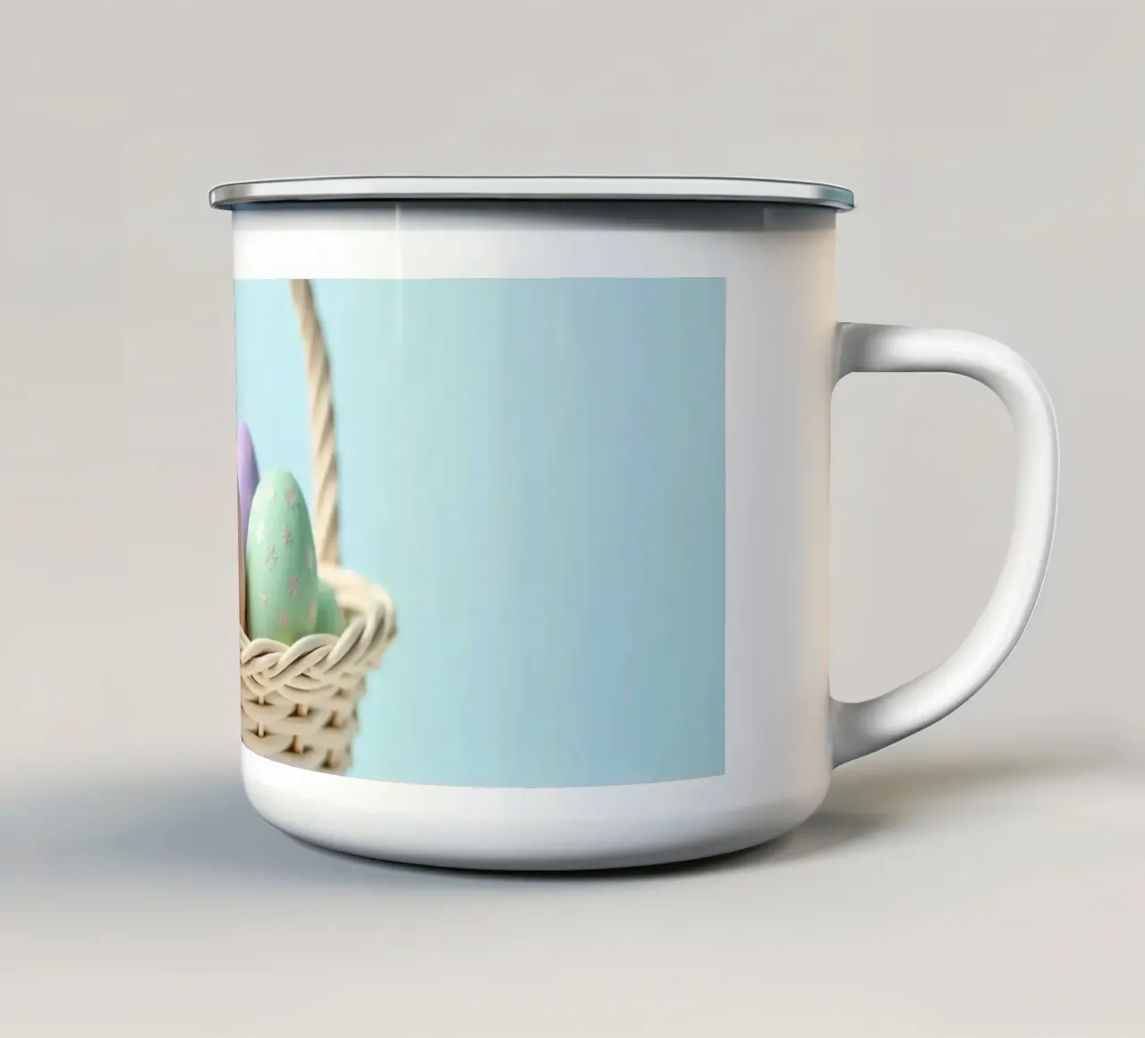 Uova colorate e decorate in un cestino con nastro tazza in smalto da DesignDoodle