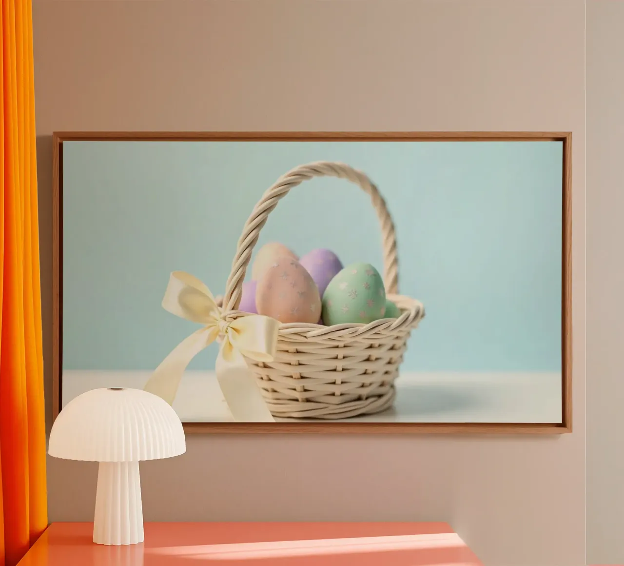 Colorful decorated eggs in a basket with a ribbon canvas by DesignDoodle