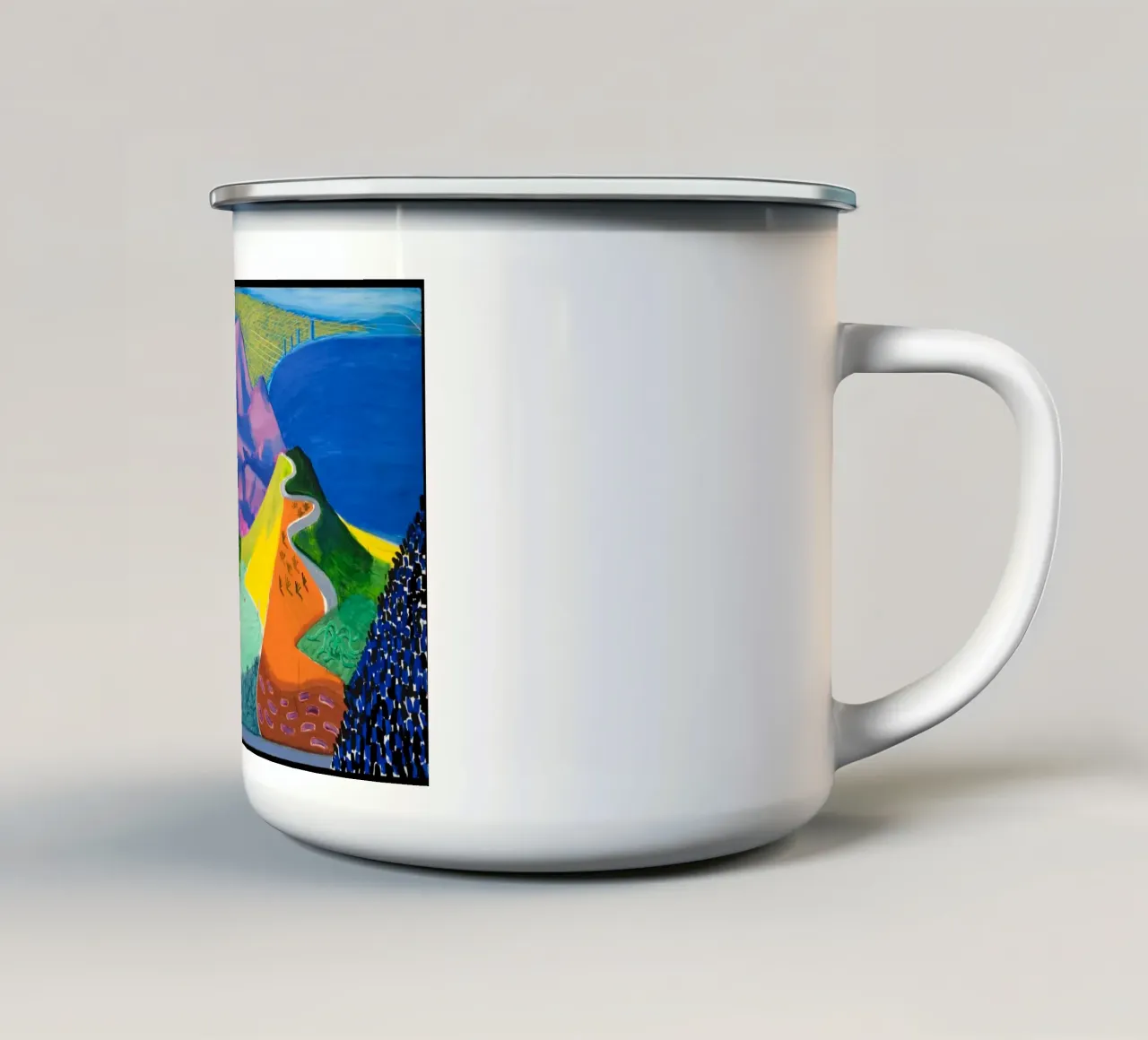Un viaje por carretera con David Hockney y Richard Wagner taza de esmalte de khanrosie
