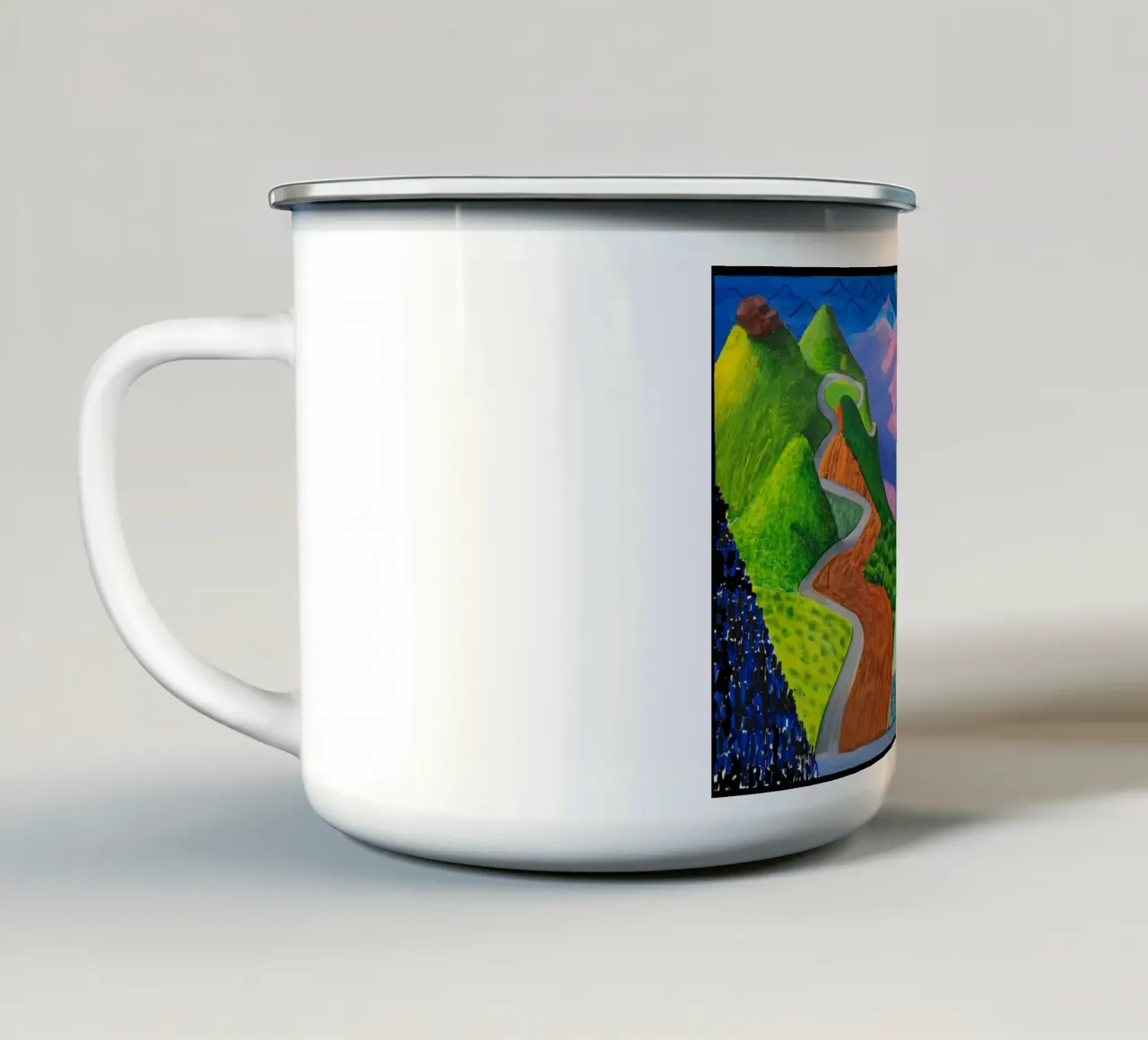 Un viaje por carretera con David Hockney y Richard Wagner taza de esmalte de khanrosie