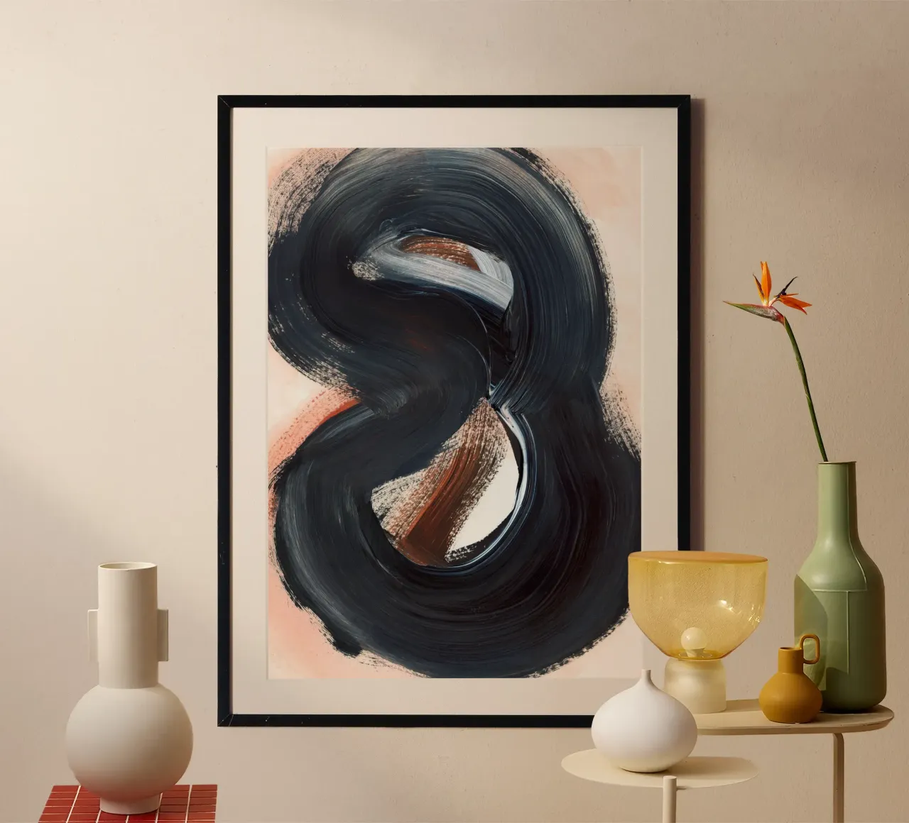 Strokes 25 | Black & Burnt Sienna Brushstroke Abstract poster con telaio in alluminio da sabidussi