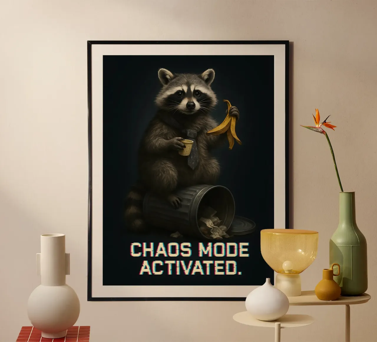 Meme divertente sul procione poster con telaio in legno da Funny Humor Art