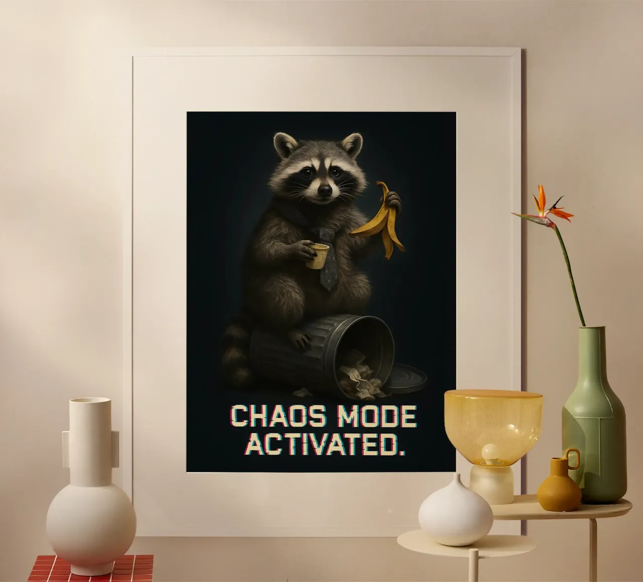 Meme divertente sul procione poster con telaio in legno da Funny Humor Art