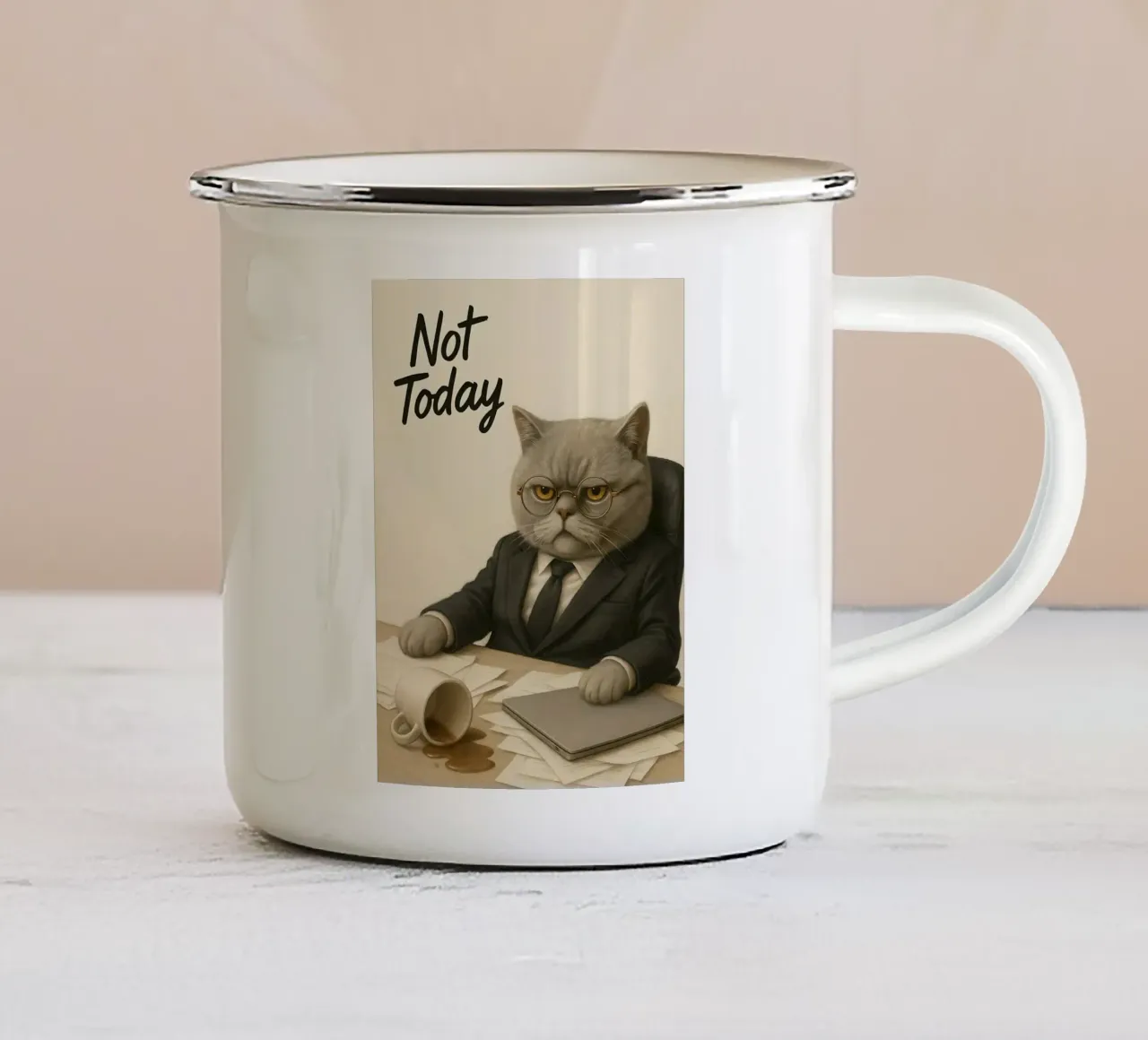 Meme divertente sul gatto capo tazza in smalto da Funny Humor Art