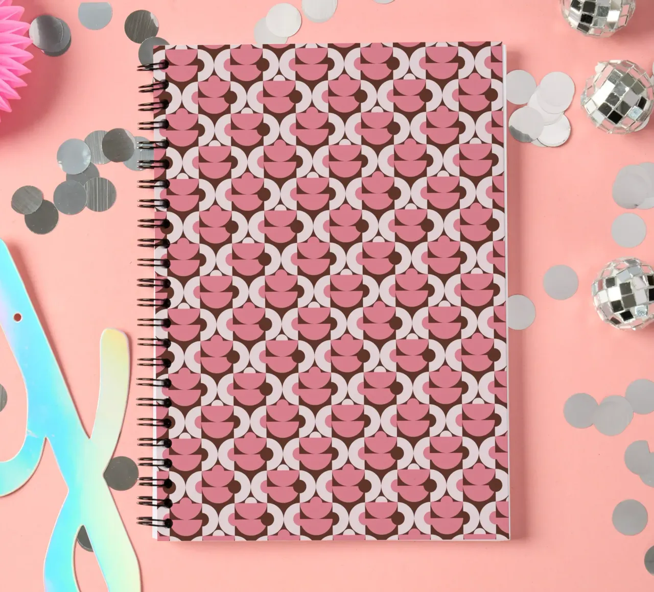 Pink geometrical shaped pattern spiral notebook by Little Dean