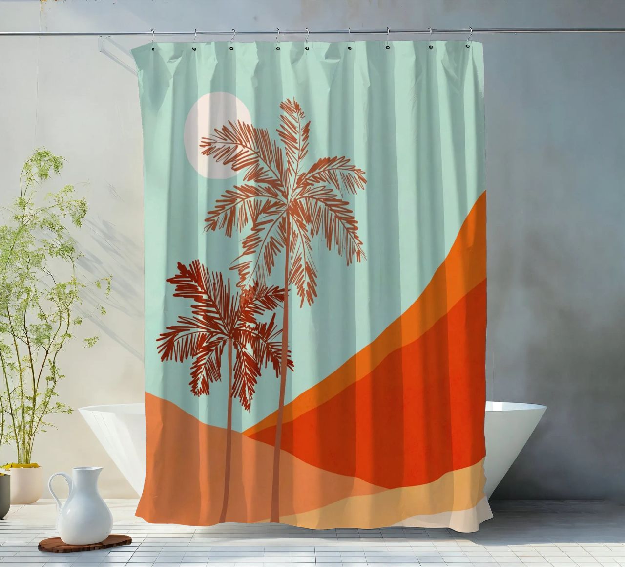 Minimal Palm Tree Duo in Sunny Desert - Pfirsichfarbene Koralle & Aqua Duschvorhang von Dominique Vari