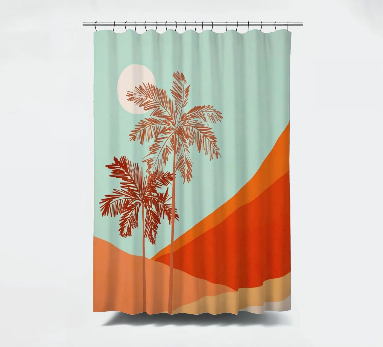 Minimal Palm Tree Duo in Sunny Desert - Pfirsichfarbene Koralle & Aqua Duschvorhang von Dominique Vari