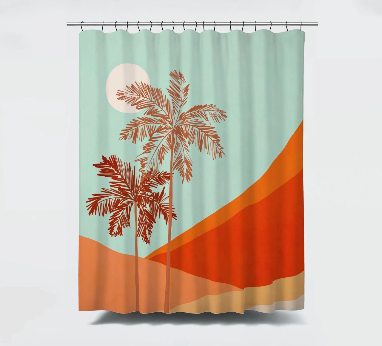 Minimal Palm Tree Duo in Sunny Desert - Pfirsichfarbene Koralle & Aqua Duschvorhang von Dominique Vari