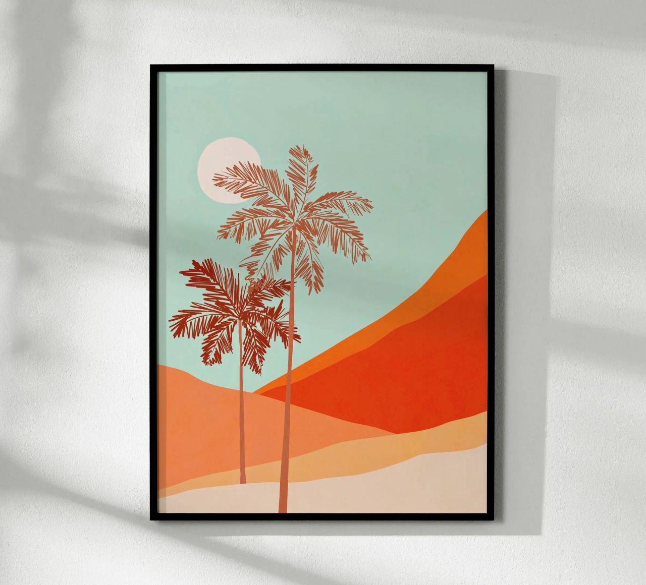 Minimal Palm Tree Duo in Sunny Desert - Pfirsichfarbene Koralle & Aqua Poster von Dominique Vari
