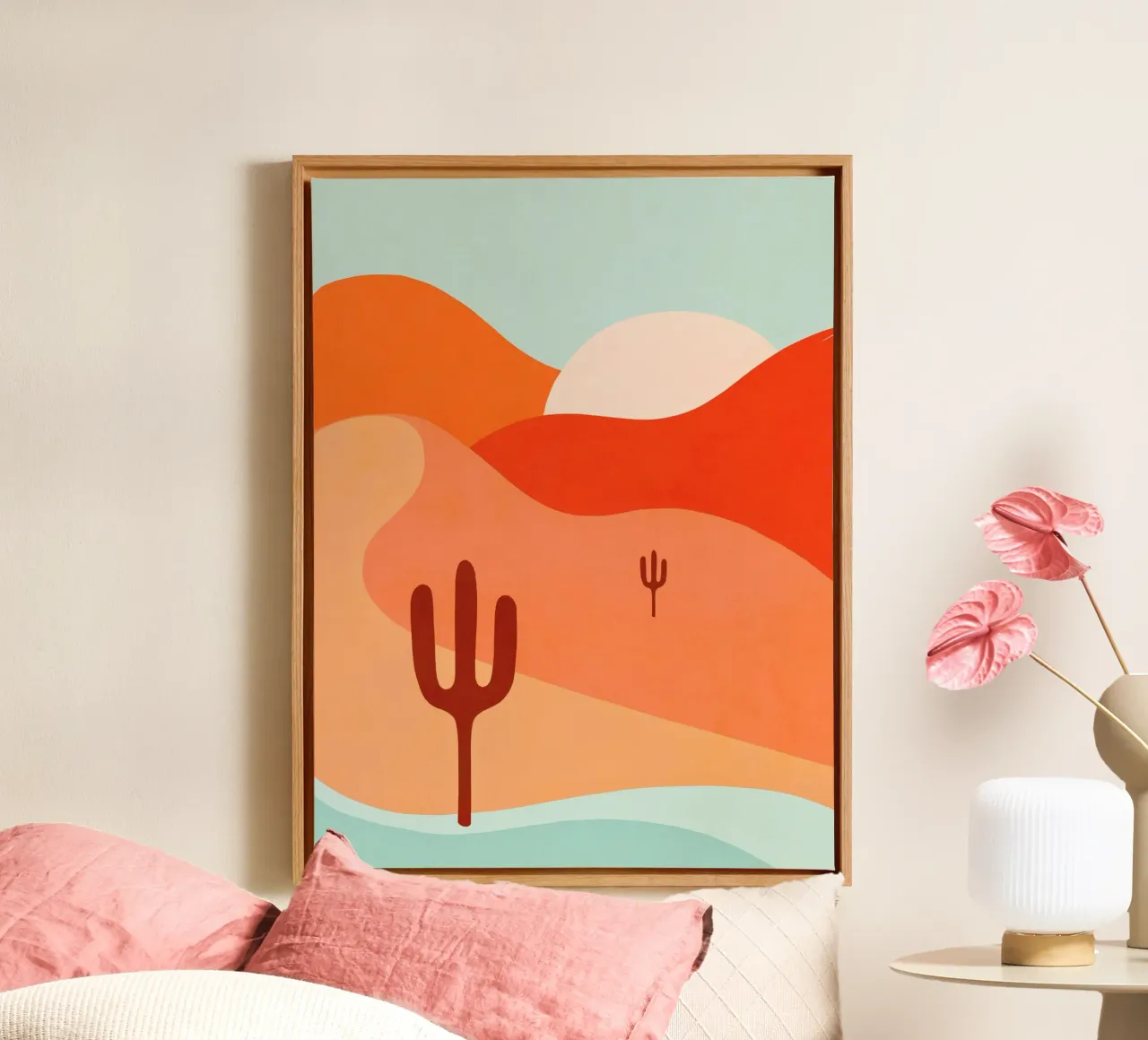 Minimal Boho Desert Cactus Oasis • Peachy Coral & Aqua canvas with Floater frame by Dominique Vari