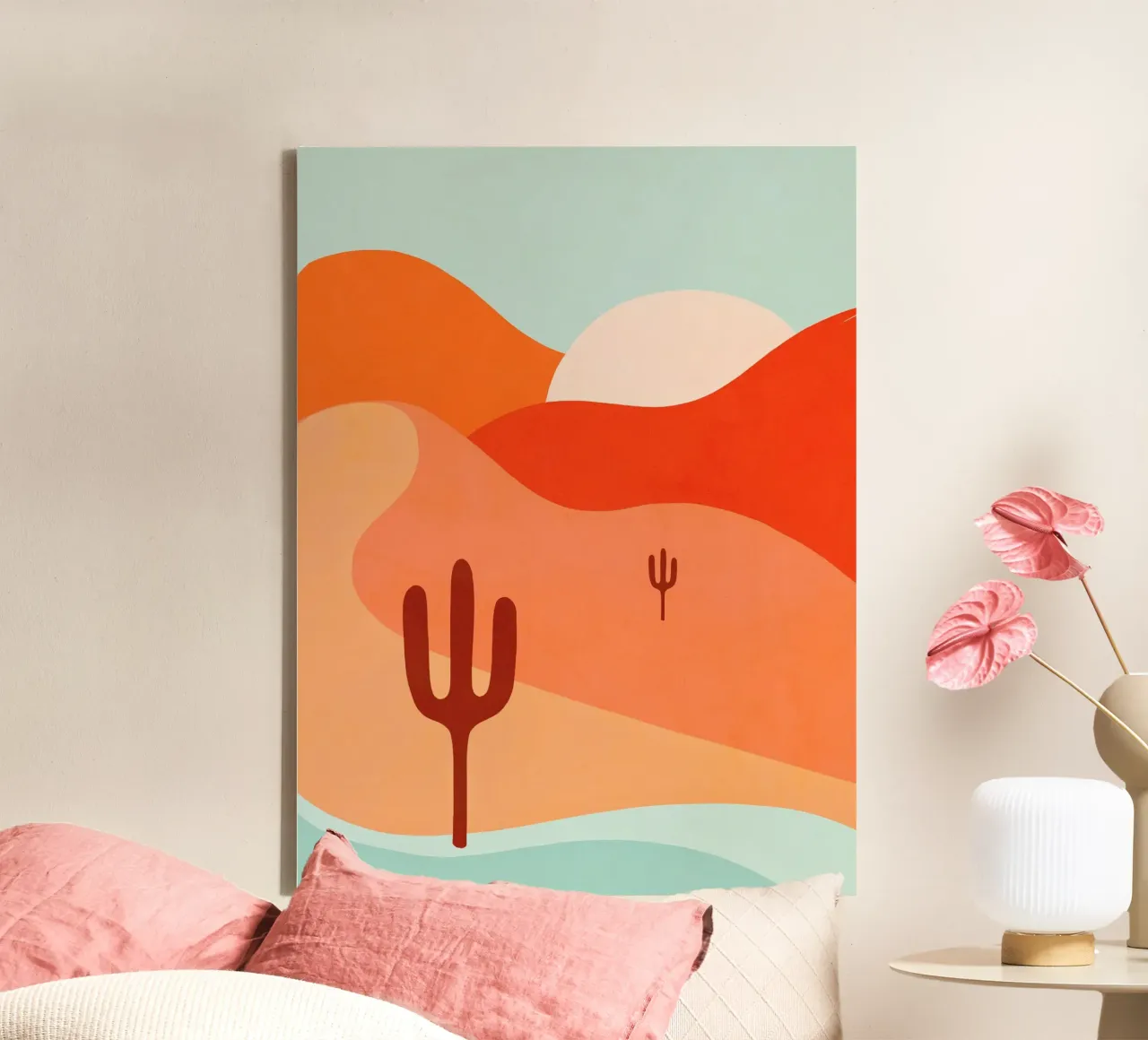 Minimal Boho Desert Cactus Oasis • Peachy Coral & Aqua canvas with Floater frame by Dominique Vari
