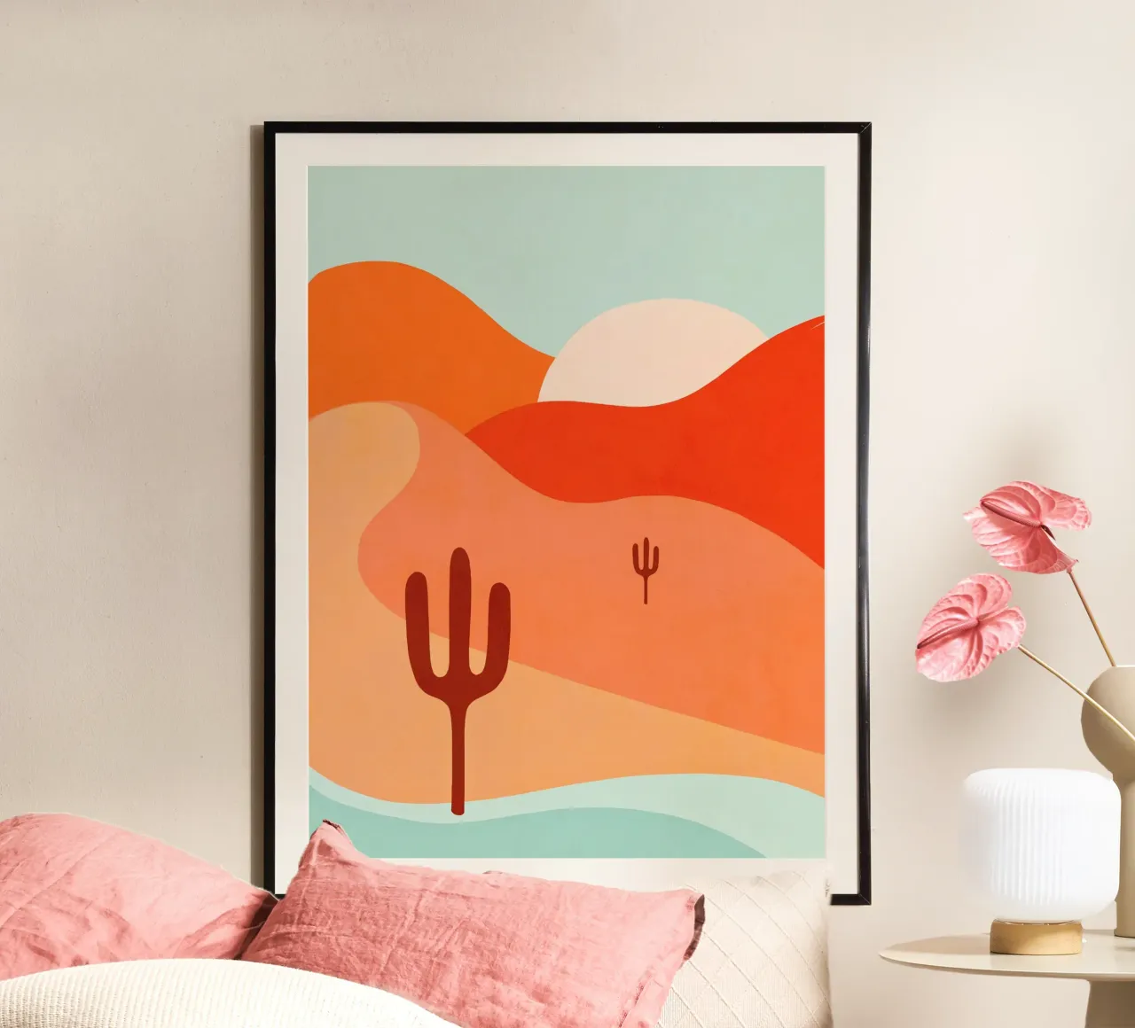 Minimal Boho Wüste Kaktus Oase - Pfirsich Koralle & Aqua Hahnemühle von Dominique Vari