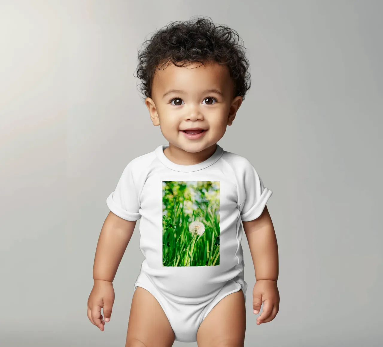 Dandelion, wildflower in grass on spring meadow - nature photo short-sleeve baby romper by Bold and Retro