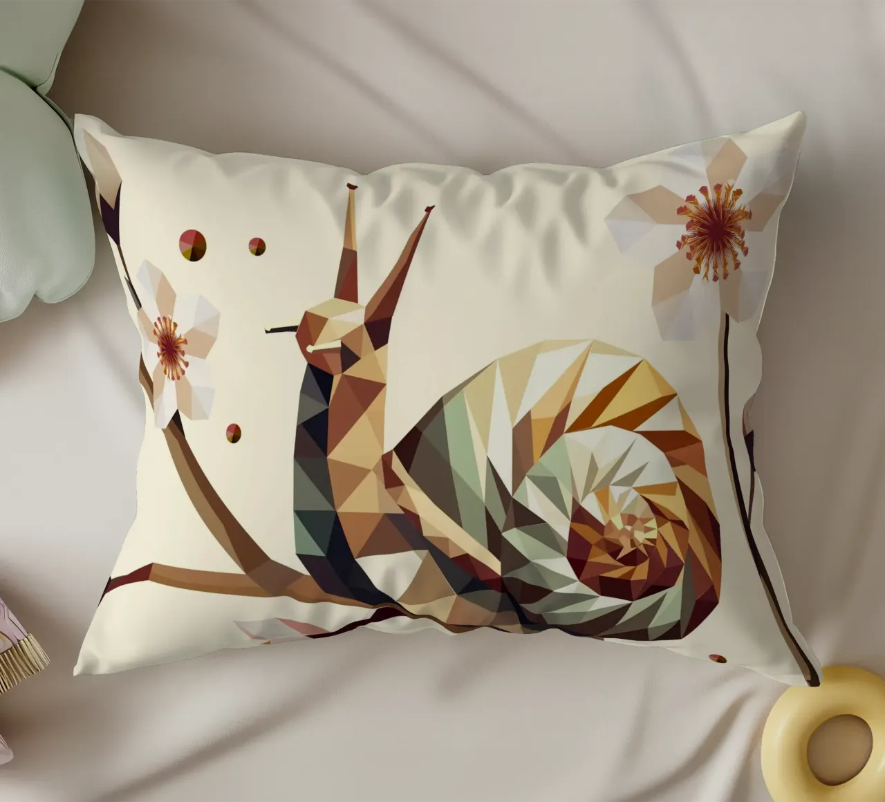 Geometric snail on a flowering branch - motif for spring decorative cushion by namosh