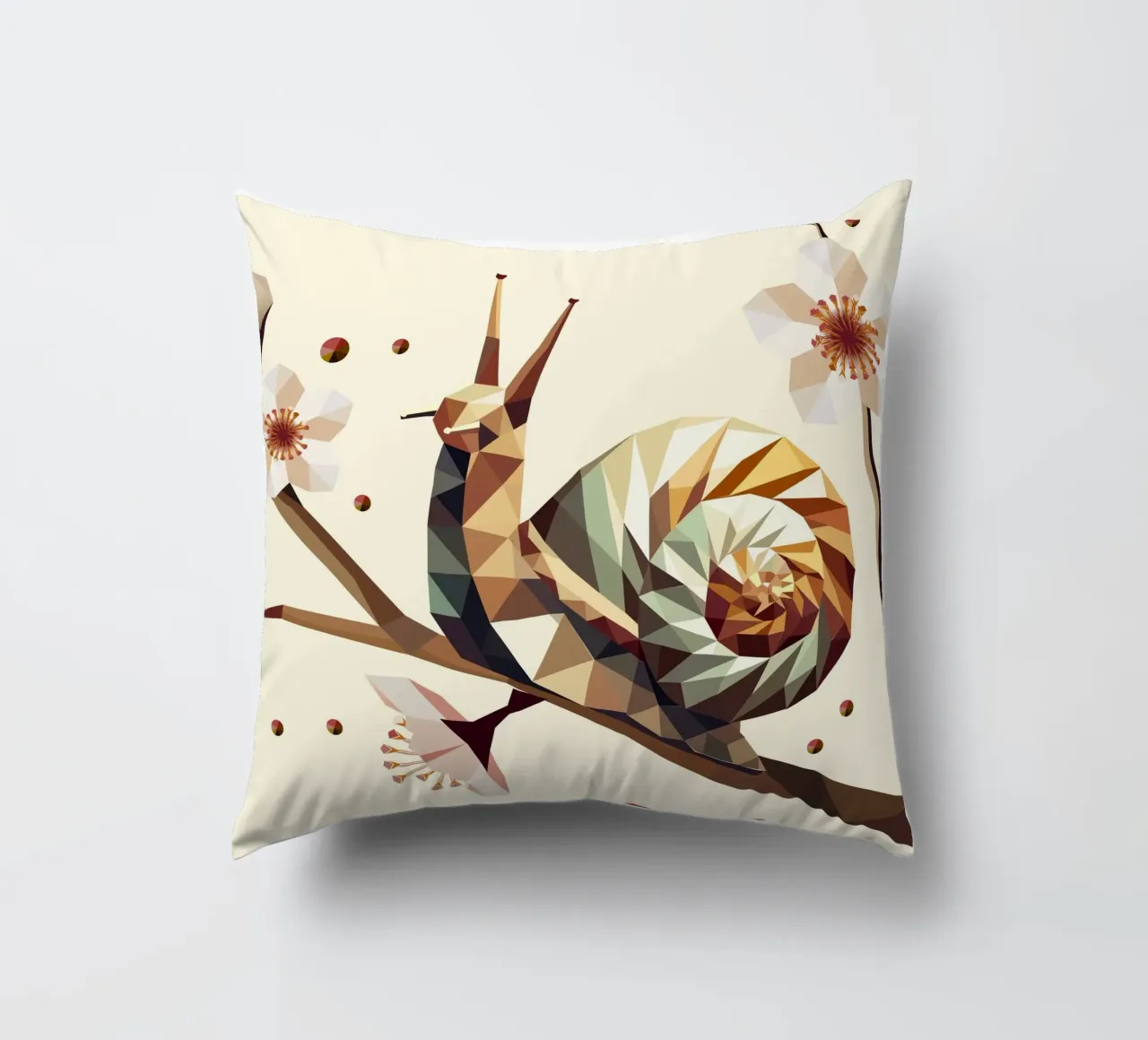 Geometric snail on a flowering branch - motif for spring decorative cushion by namosh