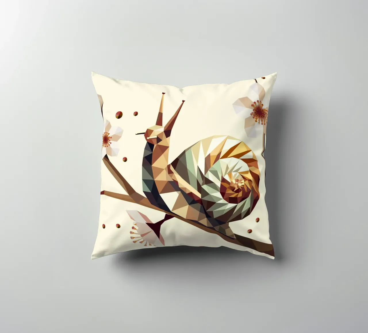 Geometric snail on a flowering branch - motif for spring decorative cushion by namosh