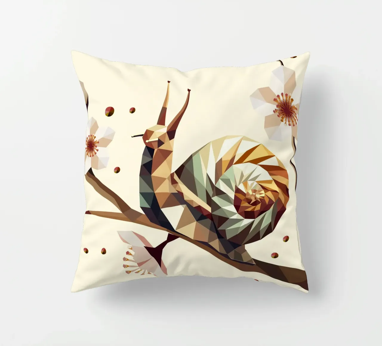 Geometric snail on a flowering branch - motif for spring decorative cushion by namosh