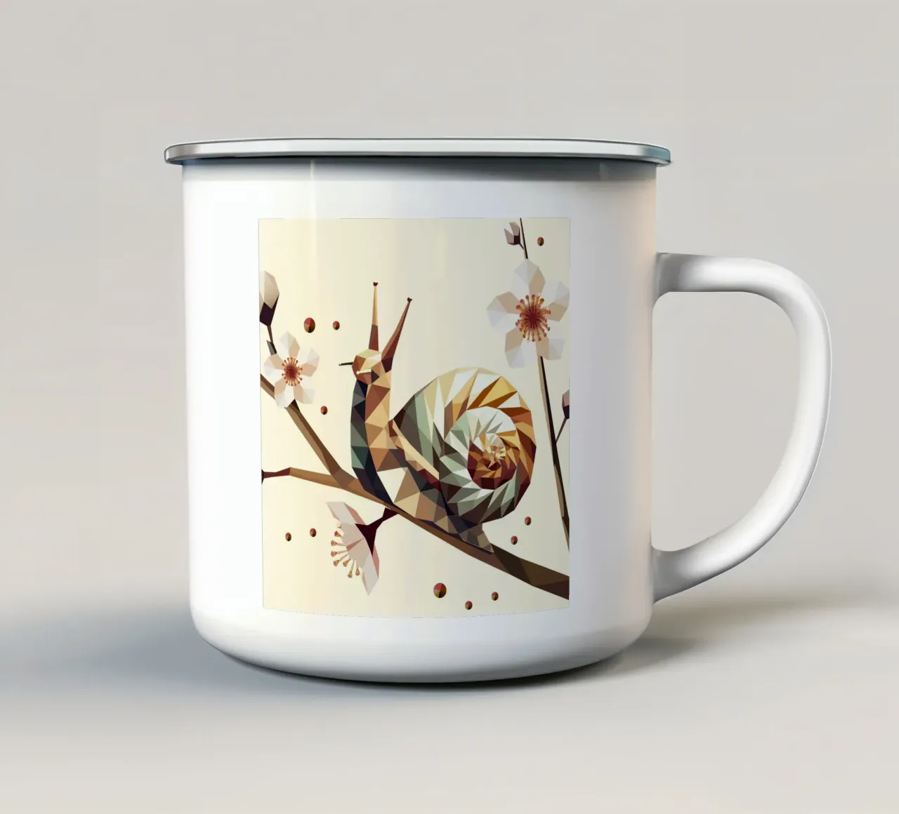 Escargot géométrique sur branche fleurie - motif printemps mug en émail de namosh