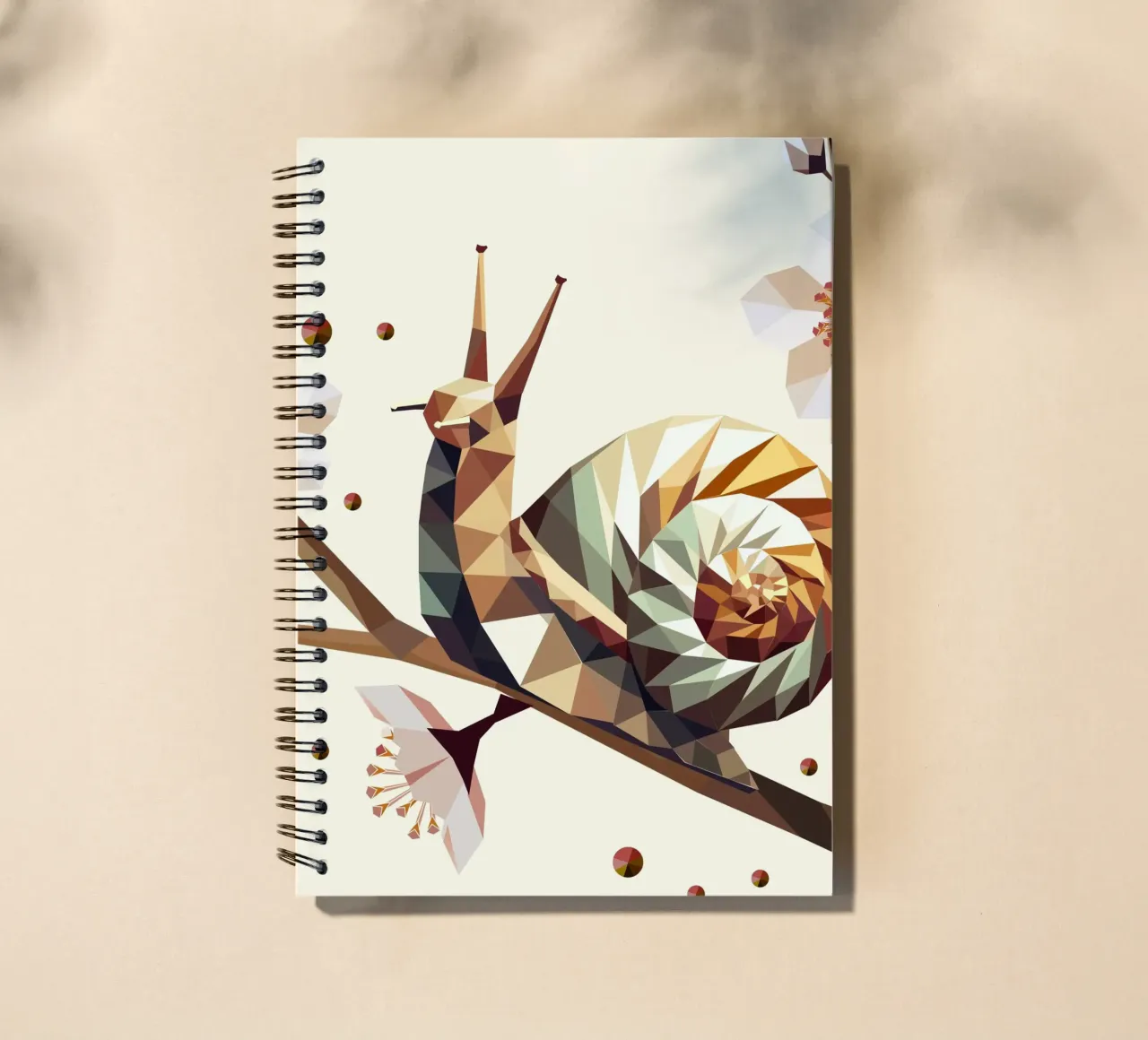 Geometric snail on a flowering branch - motif for spring spiral notebook by namosh