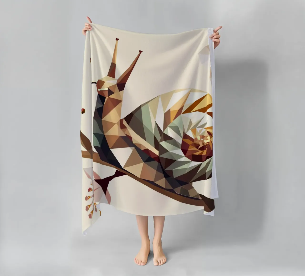 Geometric snail on a flowering branch - motif for spring beach towel by namosh