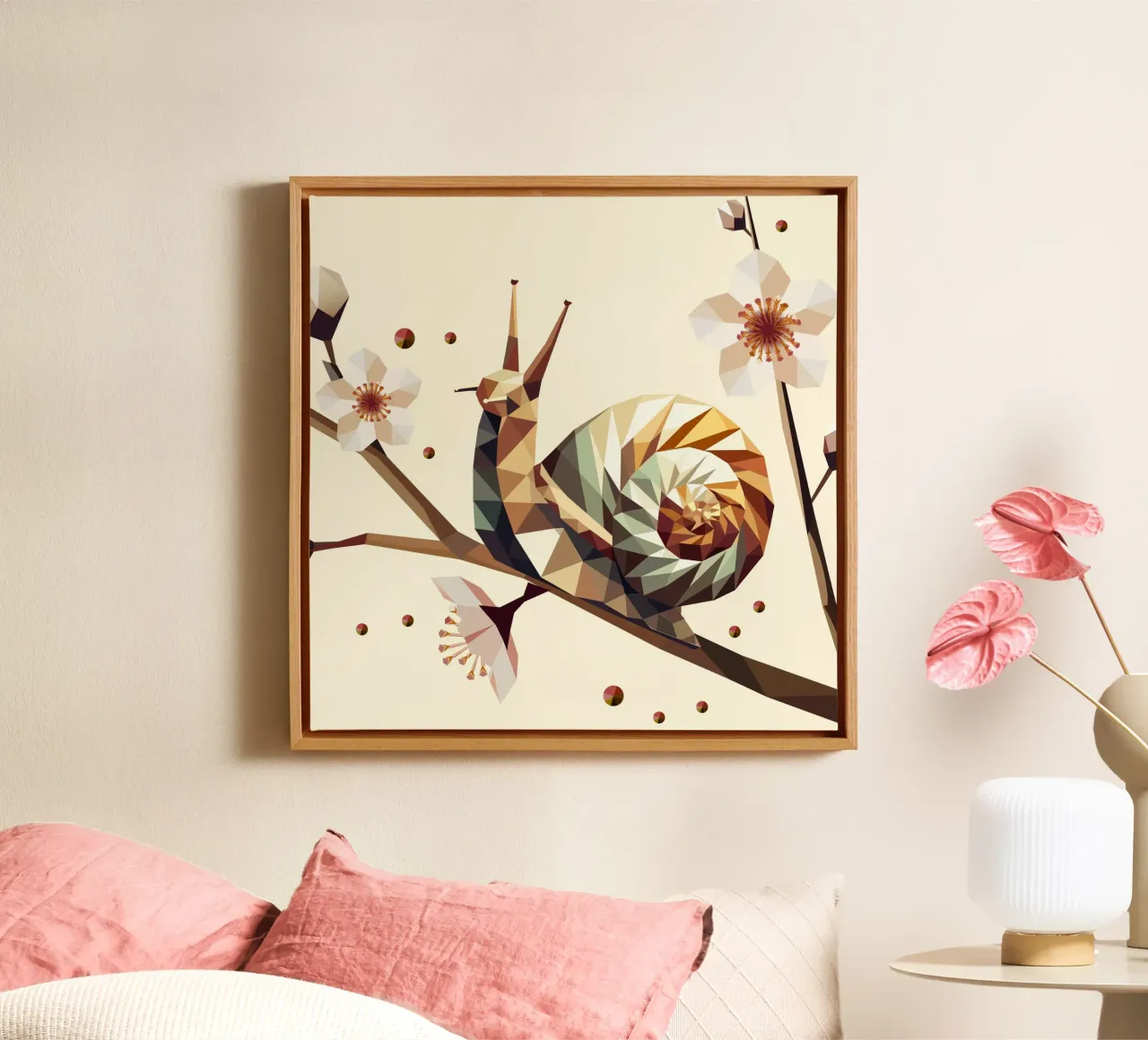 Geometric snail on a flowering branch - motif for spring canvas by namosh