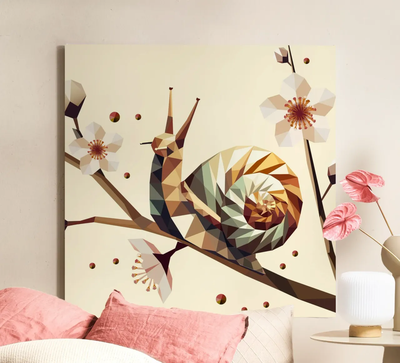 Geometric snail on a flowering branch - motif for spring canvas by namosh