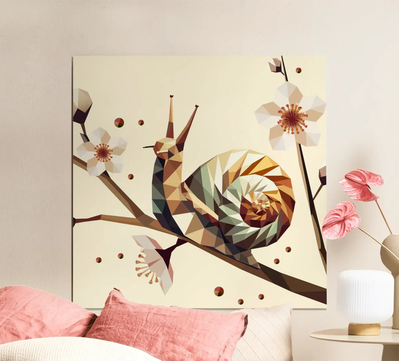 Geometric snail on a flowering branch - motif for spring hahnemühle by namosh