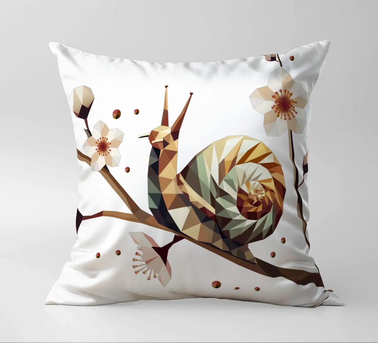 Snail on a flowering branch - spring meets low-poly decorative cushion by namosh