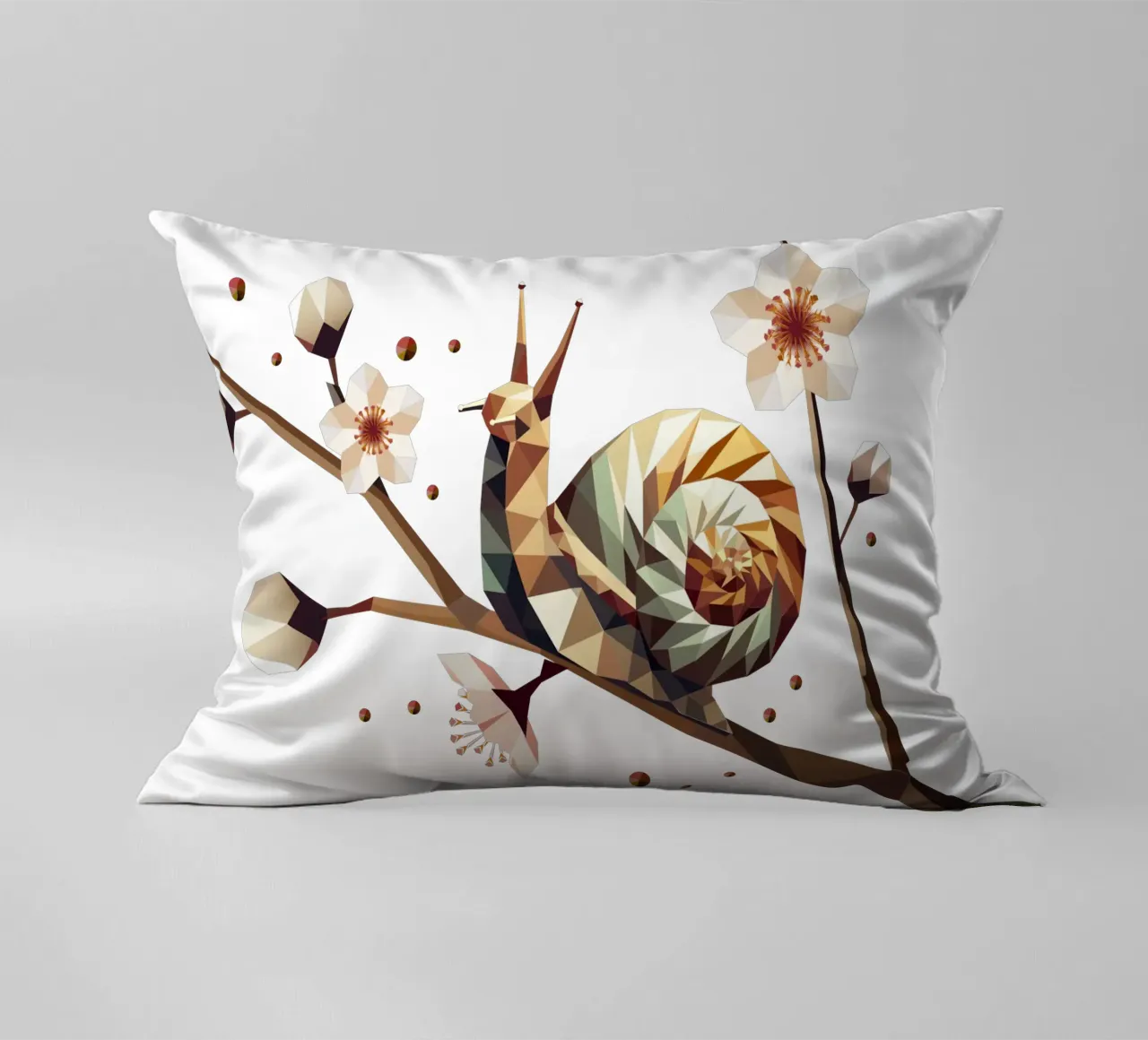 Snail on a flowering branch - spring meets low-poly decorative cushion by namosh