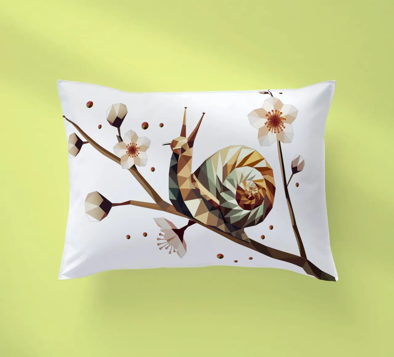 Snail on a flowering branch - spring meets low-poly decorative cushion by namosh