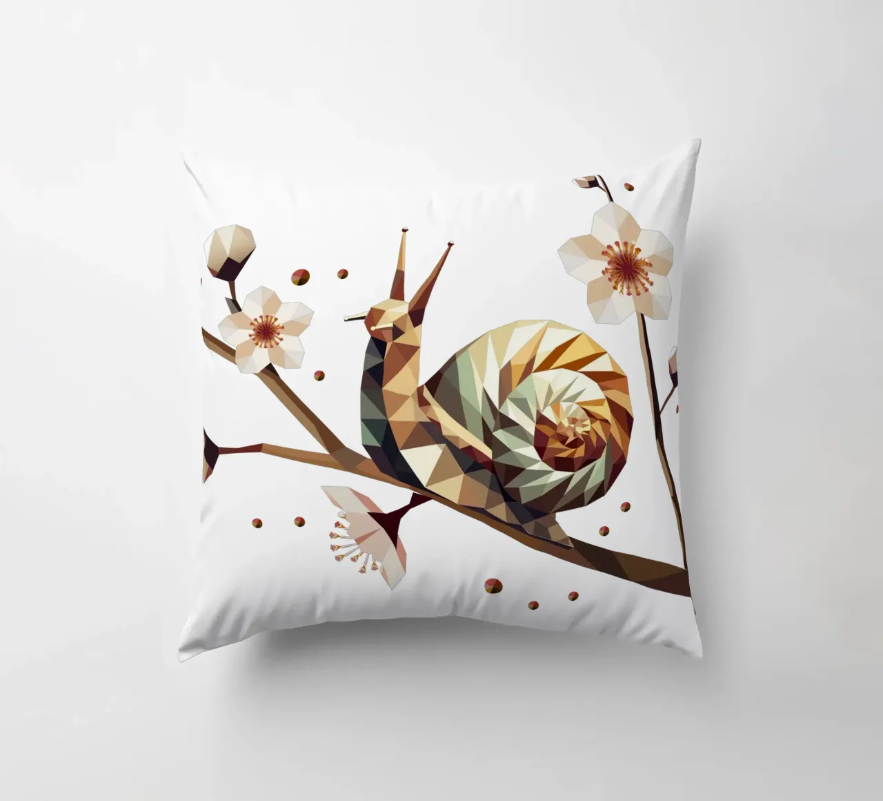 Snail on a flowering branch - spring meets low-poly decorative cushion by namosh