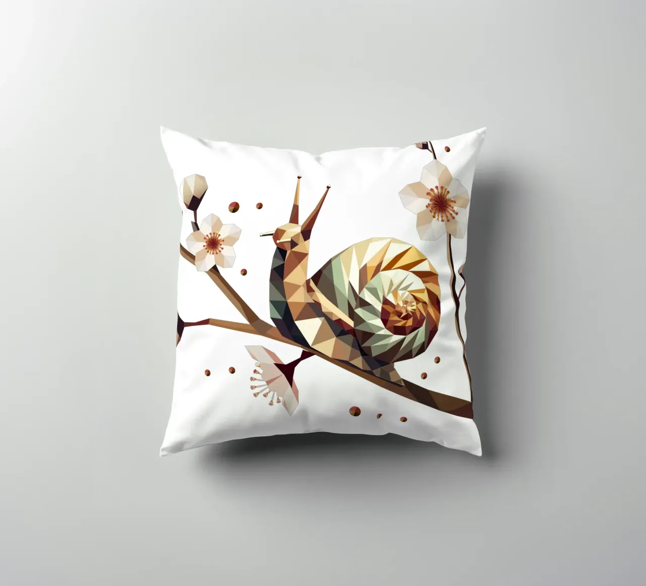 Snail on a flowering branch - spring meets low-poly decorative cushion by namosh
