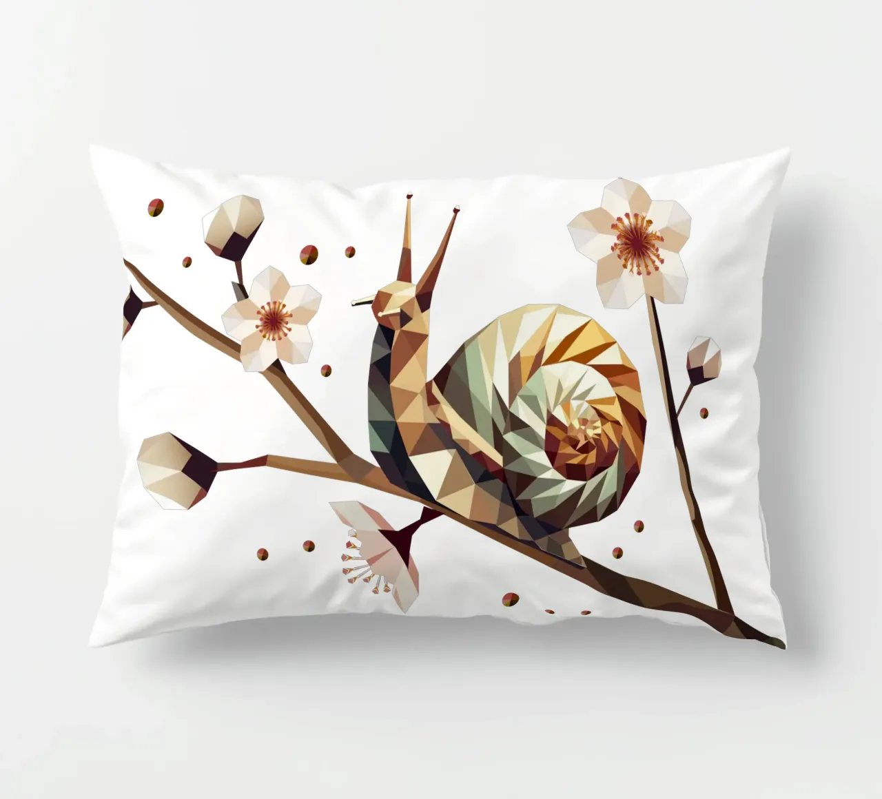 Snail on a flowering branch - spring meets low-poly decorative cushion by namosh