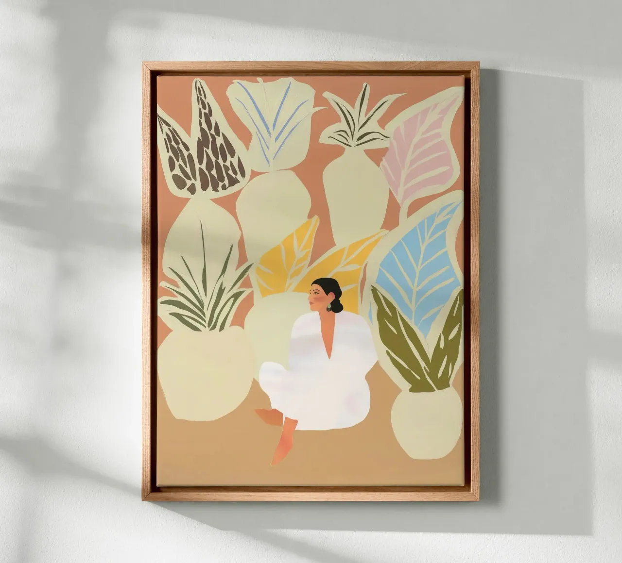 Donna in giardino a pastello | Pittura naïf benessere Boho tela con Cornice a cassetta da Autofocus
