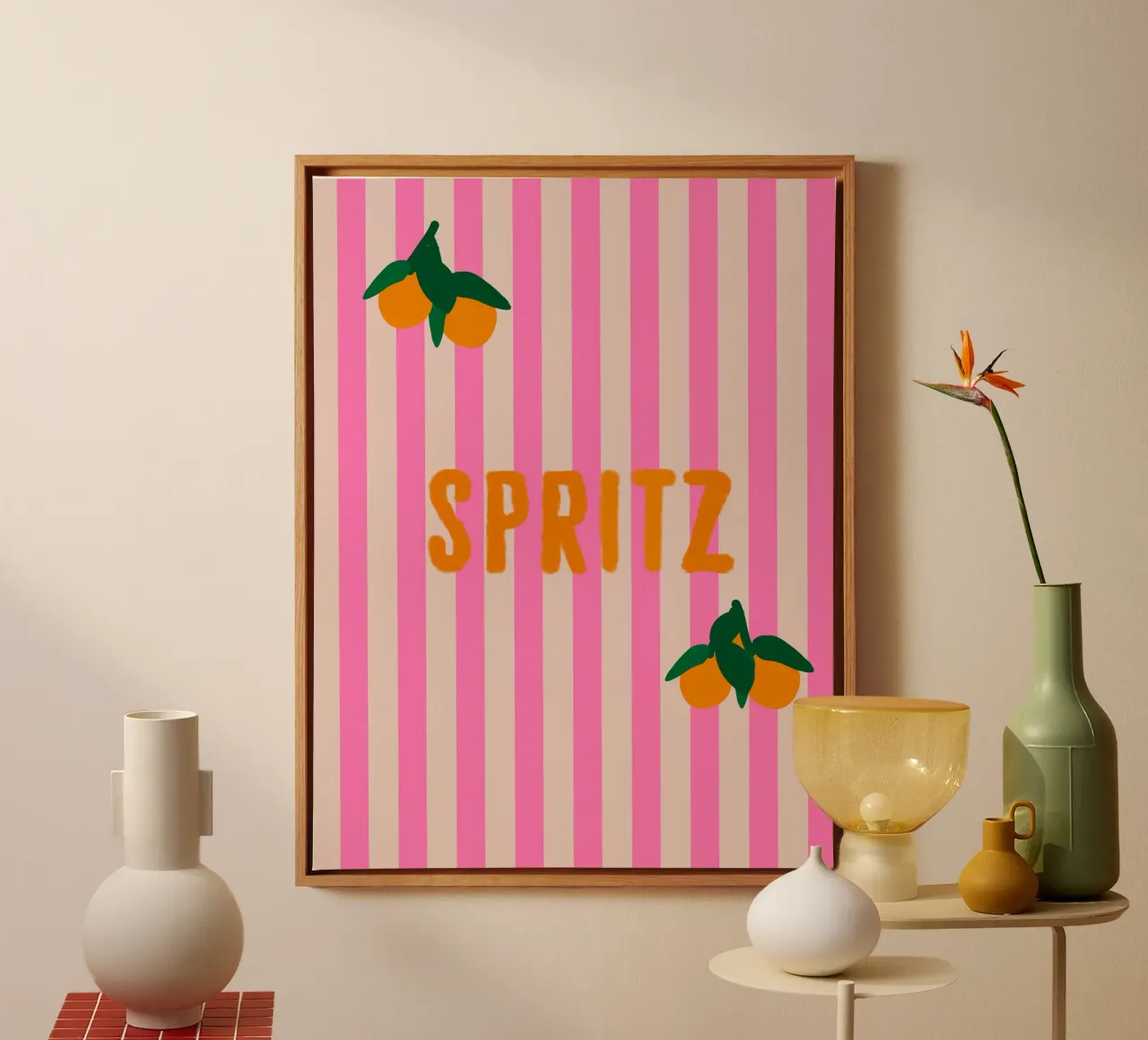 Spritz Orange On Stripes Pink with Oranges canvas with Floater frame by Alisa Knöß