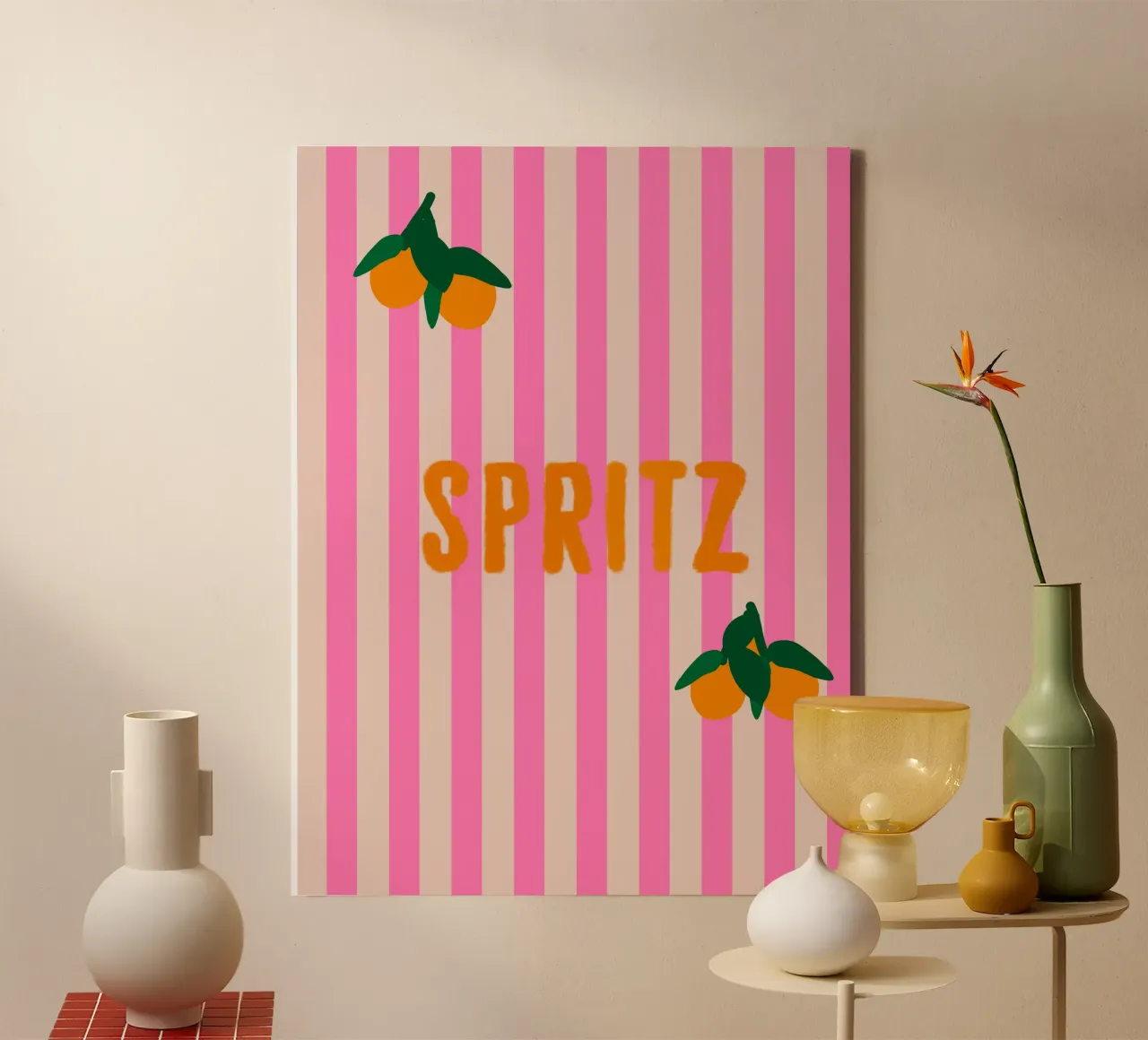 Spritz Orange On Stripes Pink with Oranges canvas with Floater frame by Alisa Knöß
