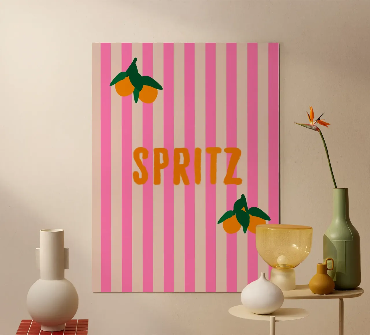 Spritz arancione su strisce rosa con arance poster da Alisa Knöß
