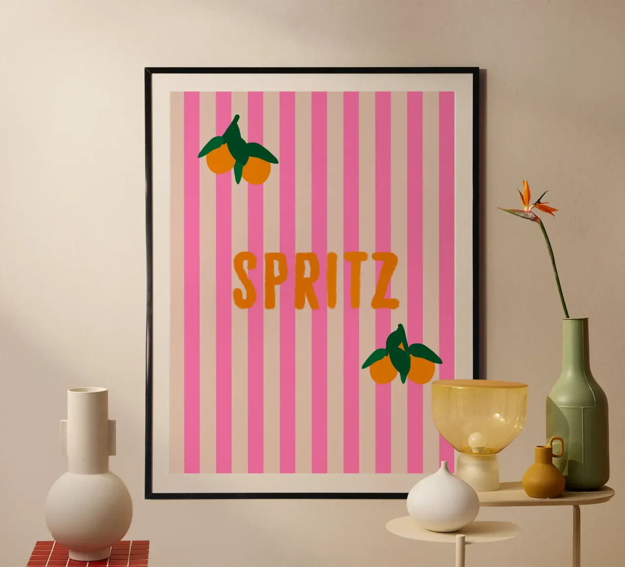 Spritz arancione su strisce rosa con arance poster da Alisa Knöß