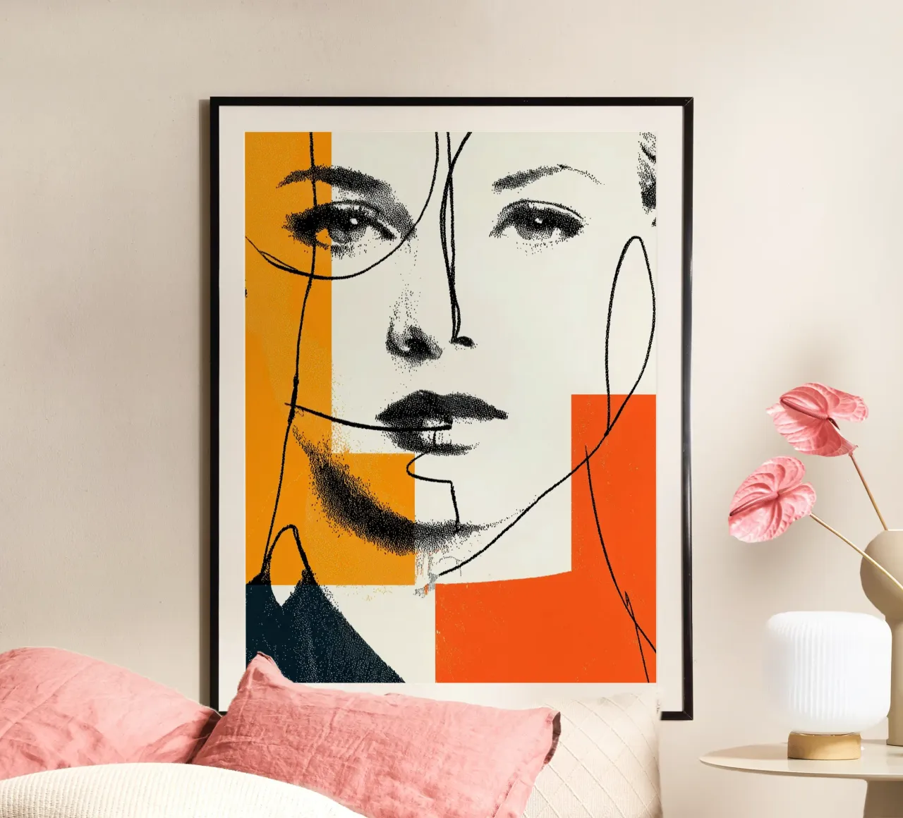 Ritratto grafico moderno di una donna con aree di colore solare poster con telaio in legno da Autofocus