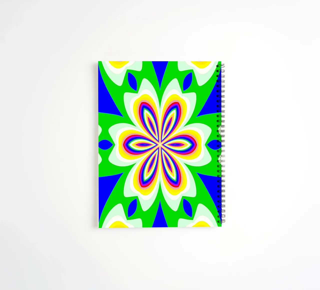 Kaleidoscope in bright colours green-blue-yellow-red-white spiral notebook by Gürsel Yesil Digital Art