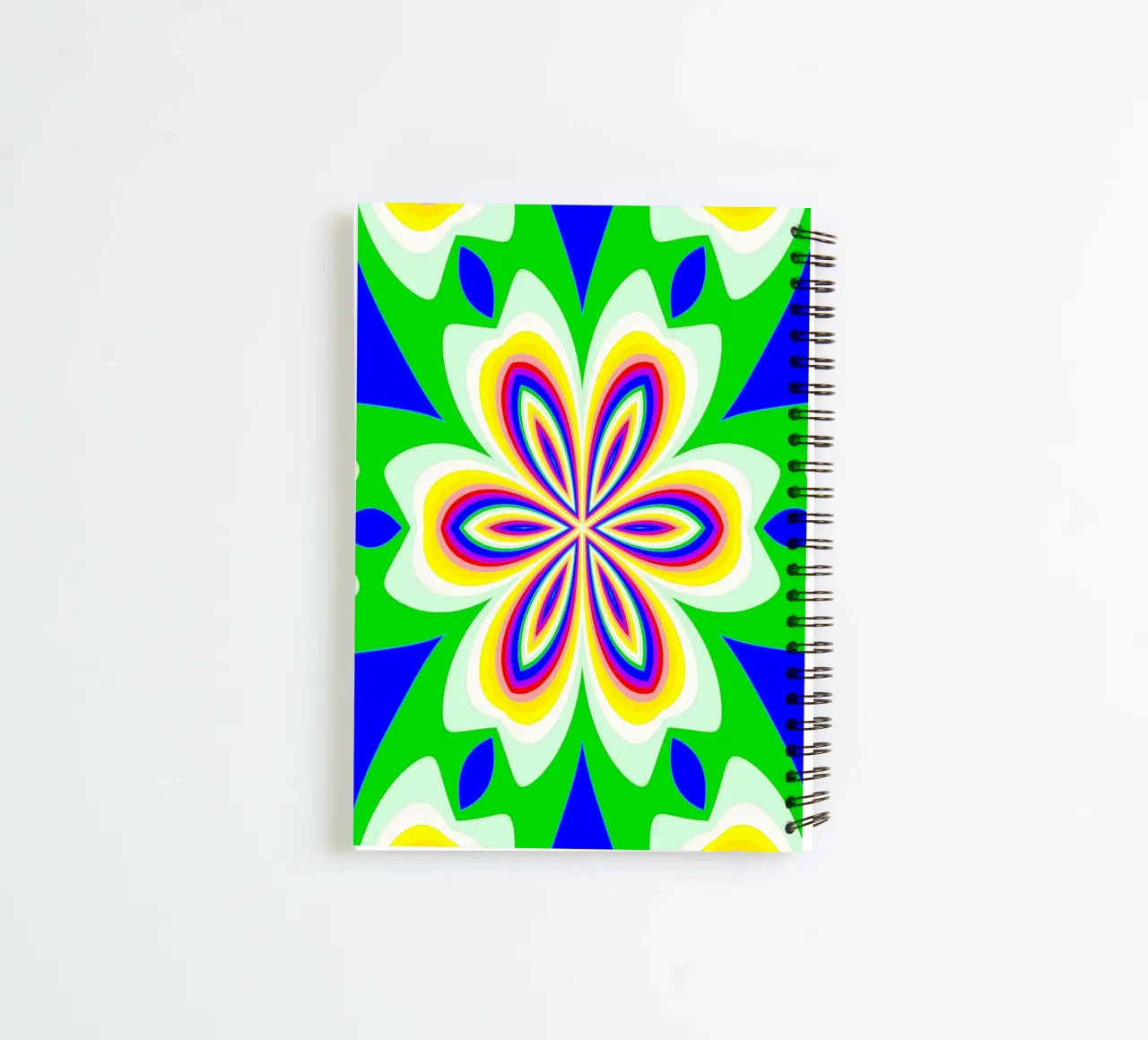 Kaleidoscope in bright colours green-blue-yellow-red-white spiral notebook by Gürsel Yesil Digital Art
