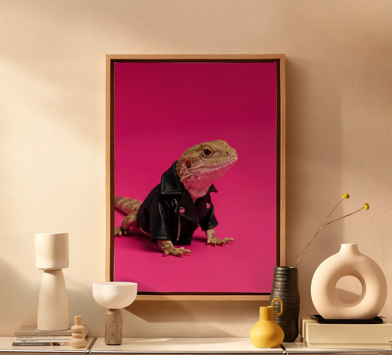 Lucertola rosa tela con Cornice a cassetta da Pawtrait Studio