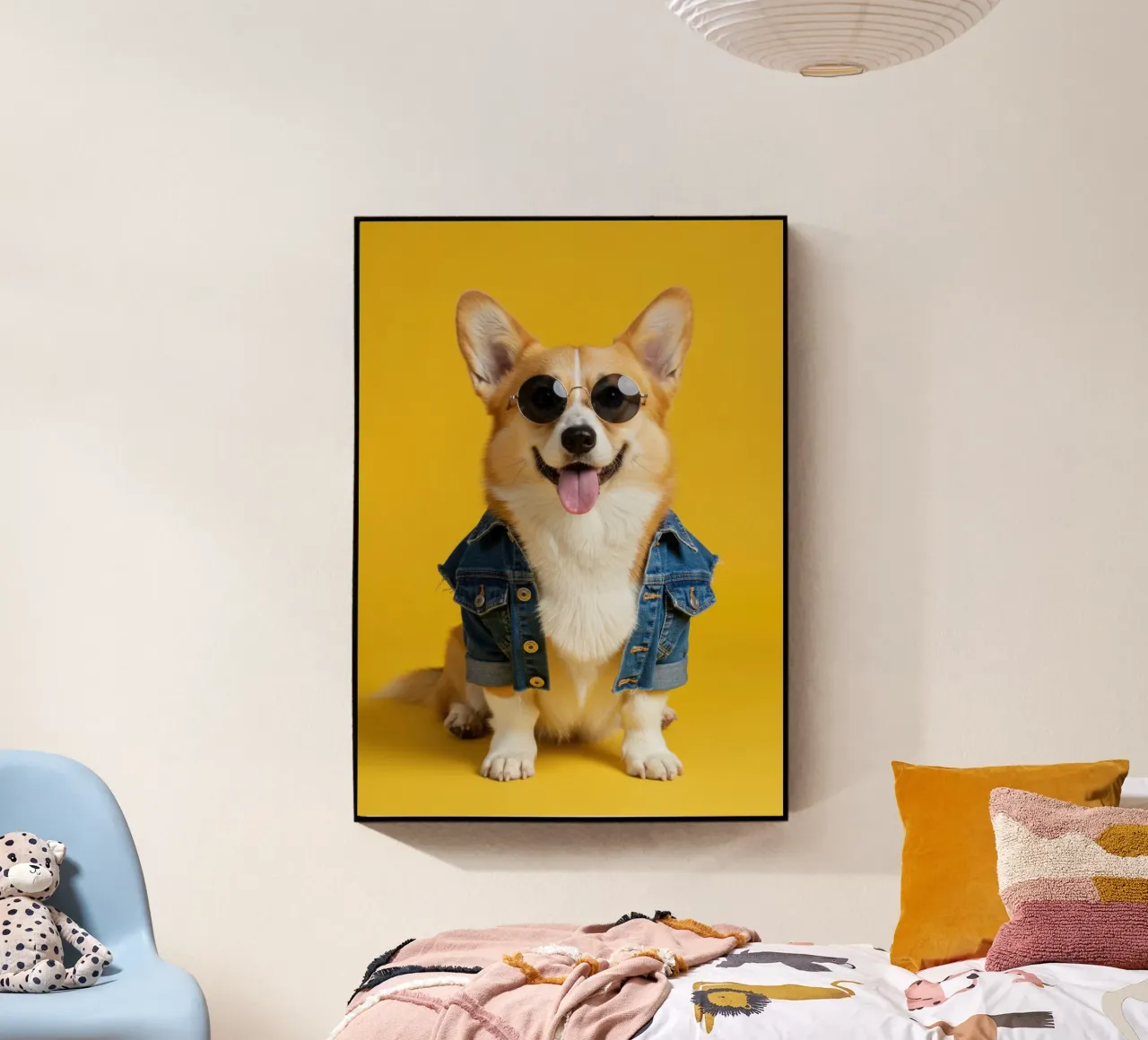 Denim Corgi plexiglass da Pawtrait Studio