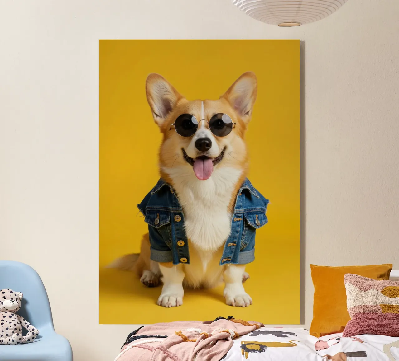 Denim Corgi plexiglass da Pawtrait Studio