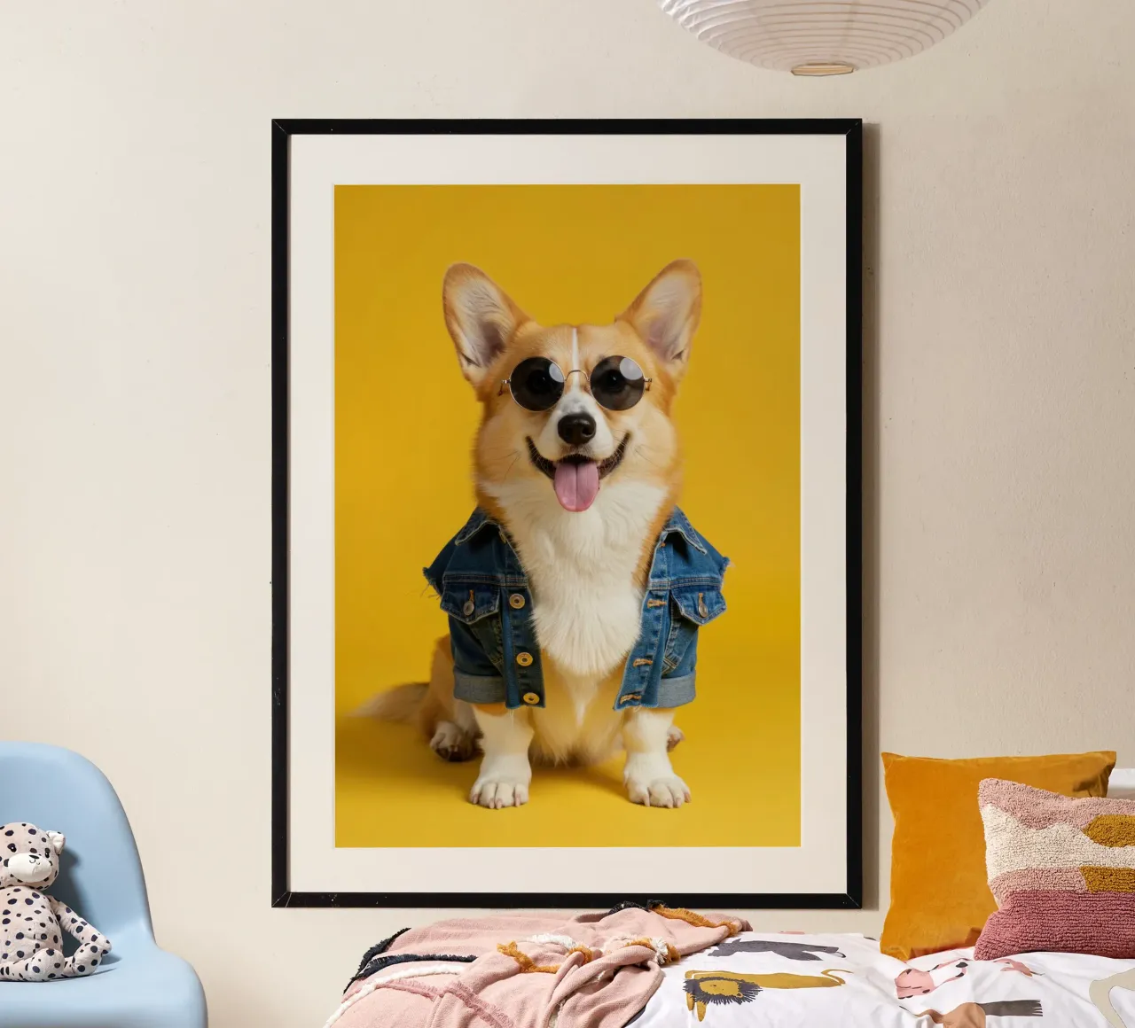 Denim Corgi poster con telaio in alluminio da Pawtrait Studio