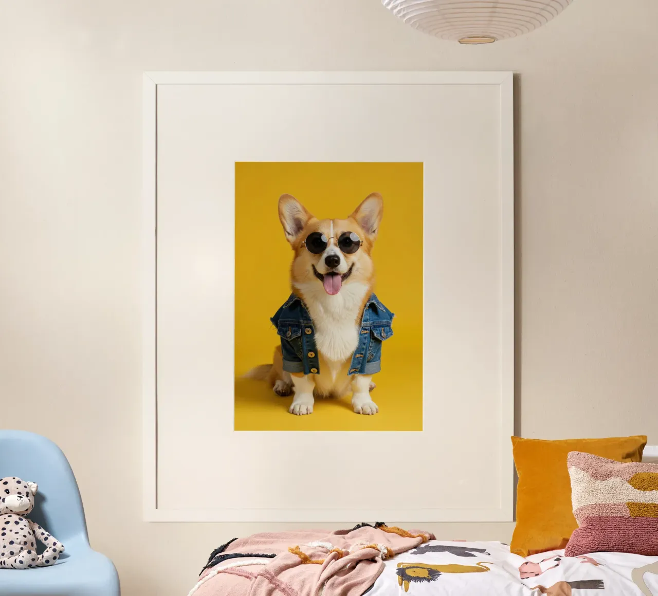 Denim Corgi poster con telaio in alluminio da Pawtrait Studio