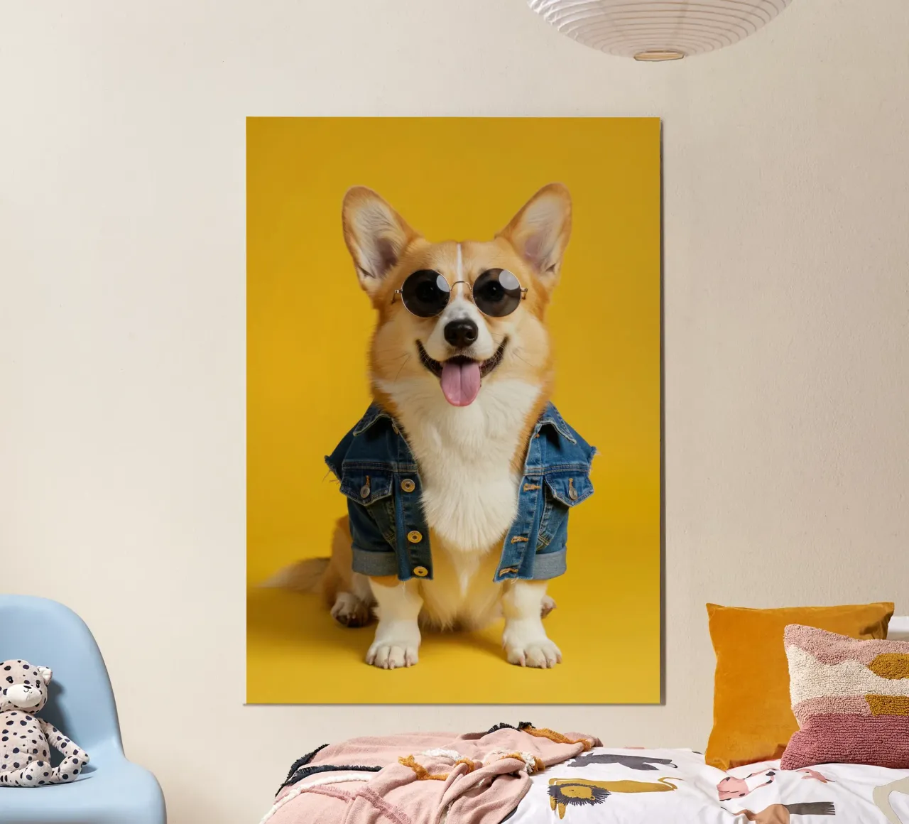 Denim Corgi poster con telaio in alluminio da Pawtrait Studio